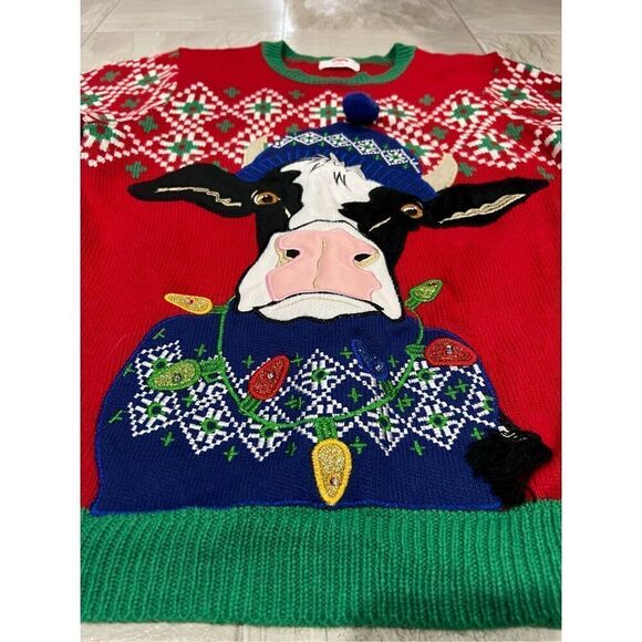 Holiday Time Cow With Light Up Necklace Ugly Christmas Sweater Men’s Medium - Picture 5 of 10
